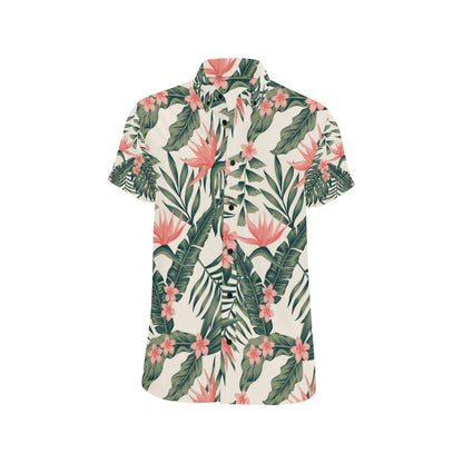 Tropical Flower Palm Leaves Men's Short Sleeve Button Up Shirt