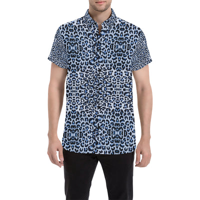 Leopard Blue Skin Print Men's Short Sleeve Button Up Shirt