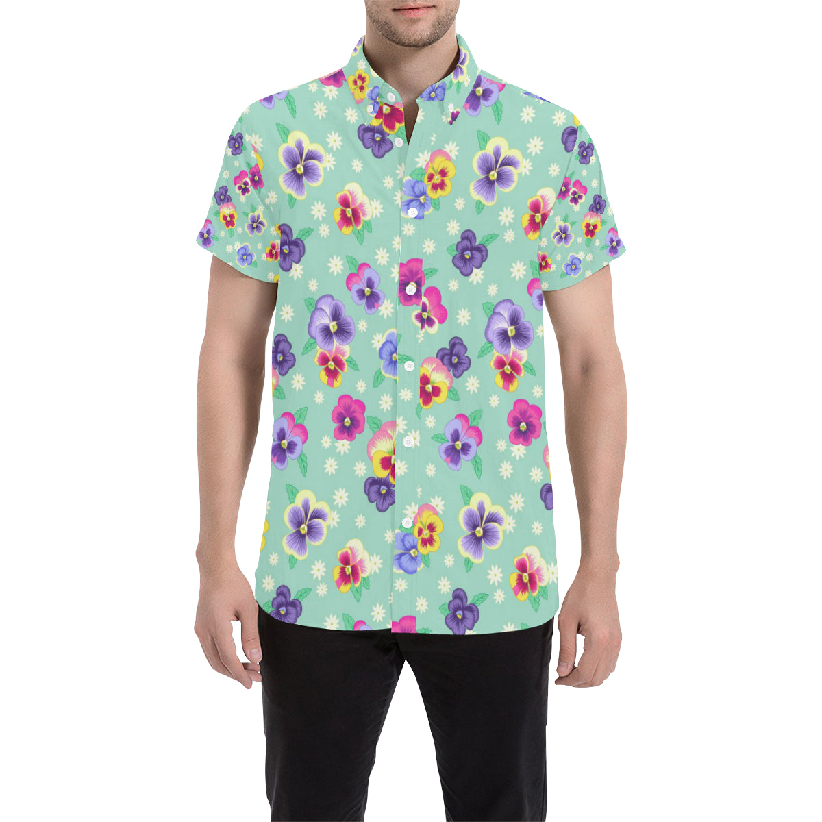 Pansy Pattern Print Design PS08 Men's Short Sleeve Button Up Shirt