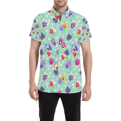 Pansy Pattern Print Design PS08 Men's Short Sleeve Button Up Shirt