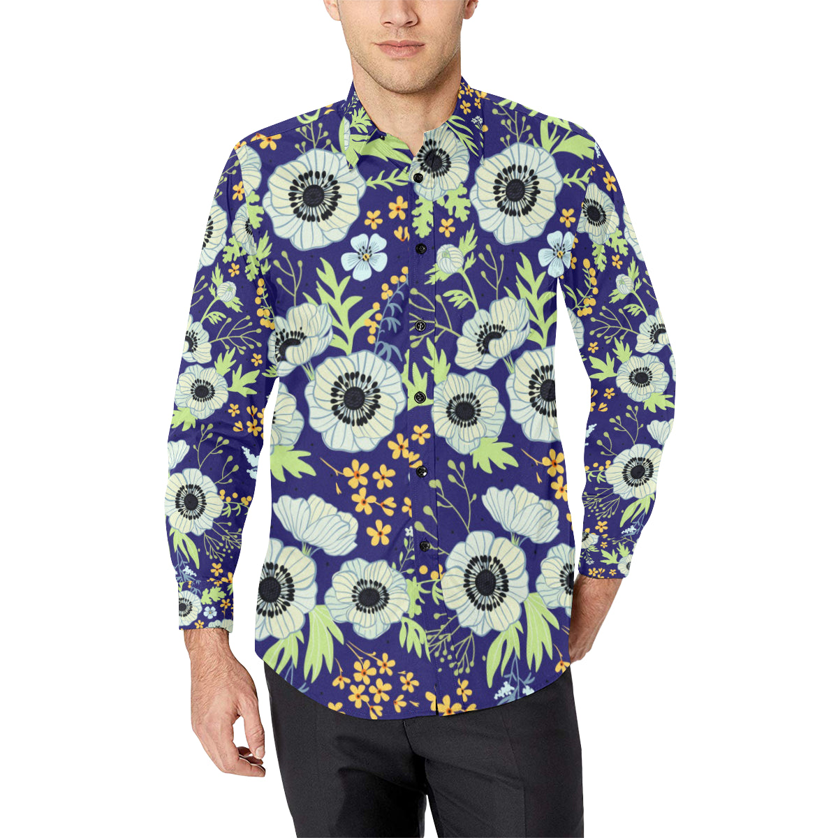 Anemone Pattern Print Design AM06 Men's Long Sleeve Shirt