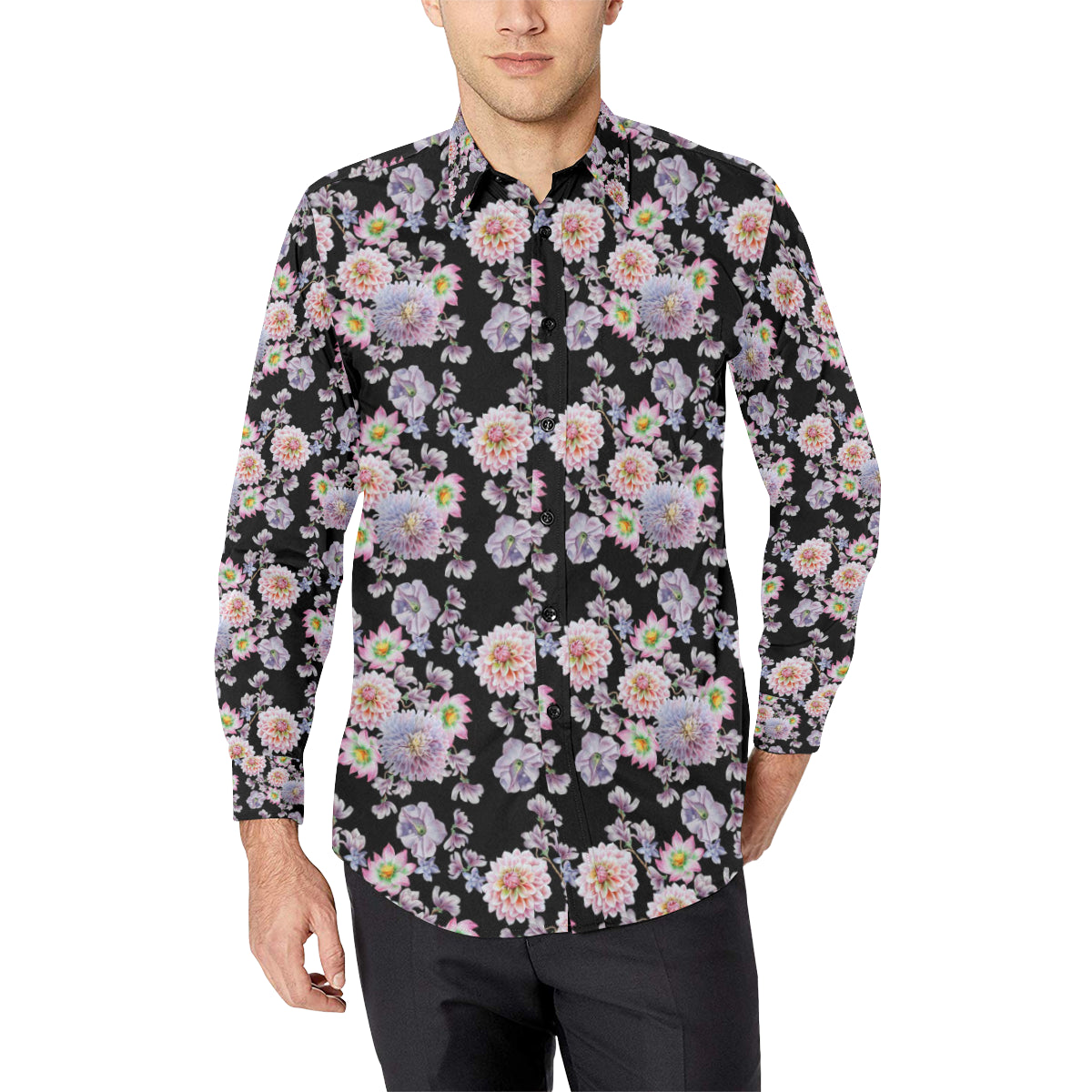Dahlia Pattern Print Design DH012 Men's Long Sleeve Shirt