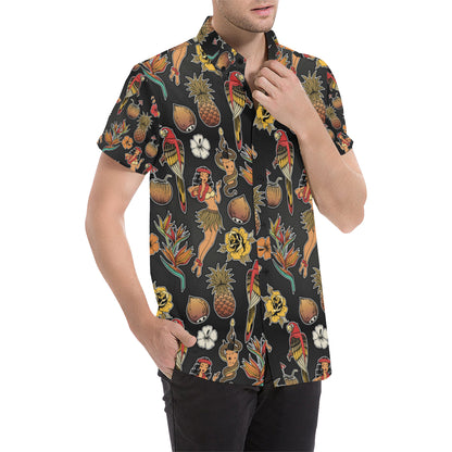 Hula Dancers Hawaiian Style Pattern Print Design 0 Men's Short Sleeve Button Up Shirt