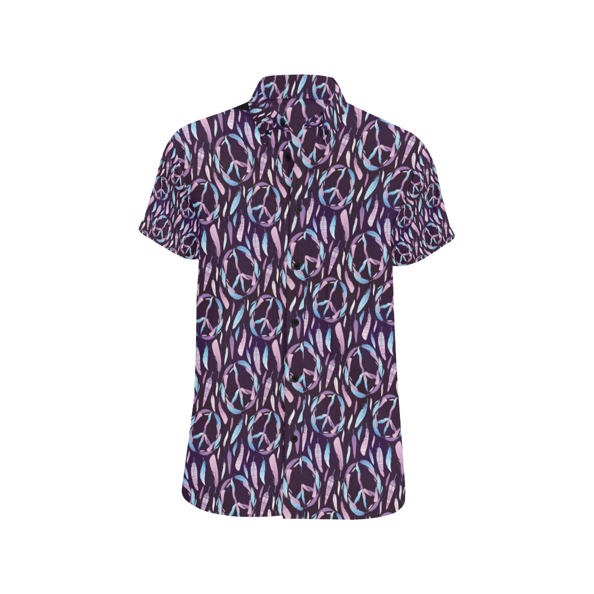Peace Sign Feather Design Print Men's Short Sleeve Button Up Shirt