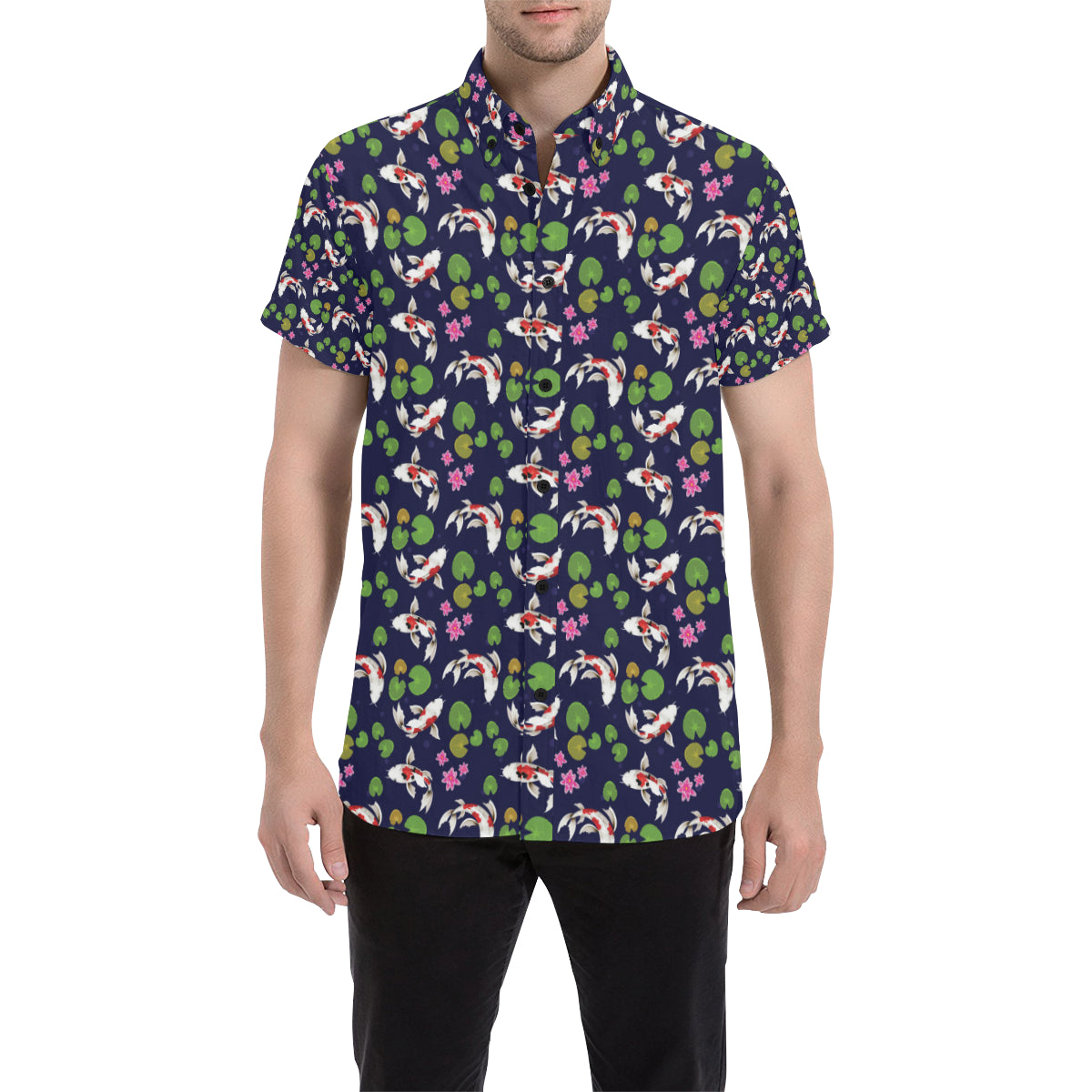 Koi Carp Pattern Design Themed Print Men's Short Sleeve Button Up Shirt