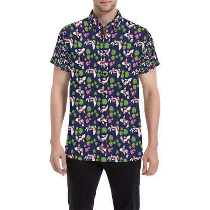 Koi Carp Pattern Design Themed Print Men's Short Sleeve Button Up Shirt