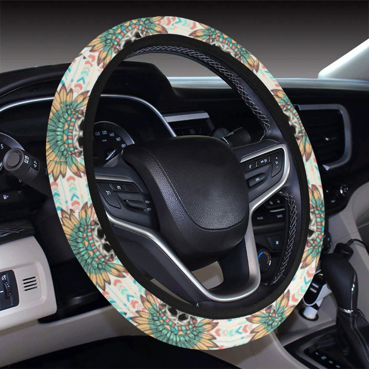 Boho Pattern Print Design 04 Steering Wheel Cover with Elastic Edge