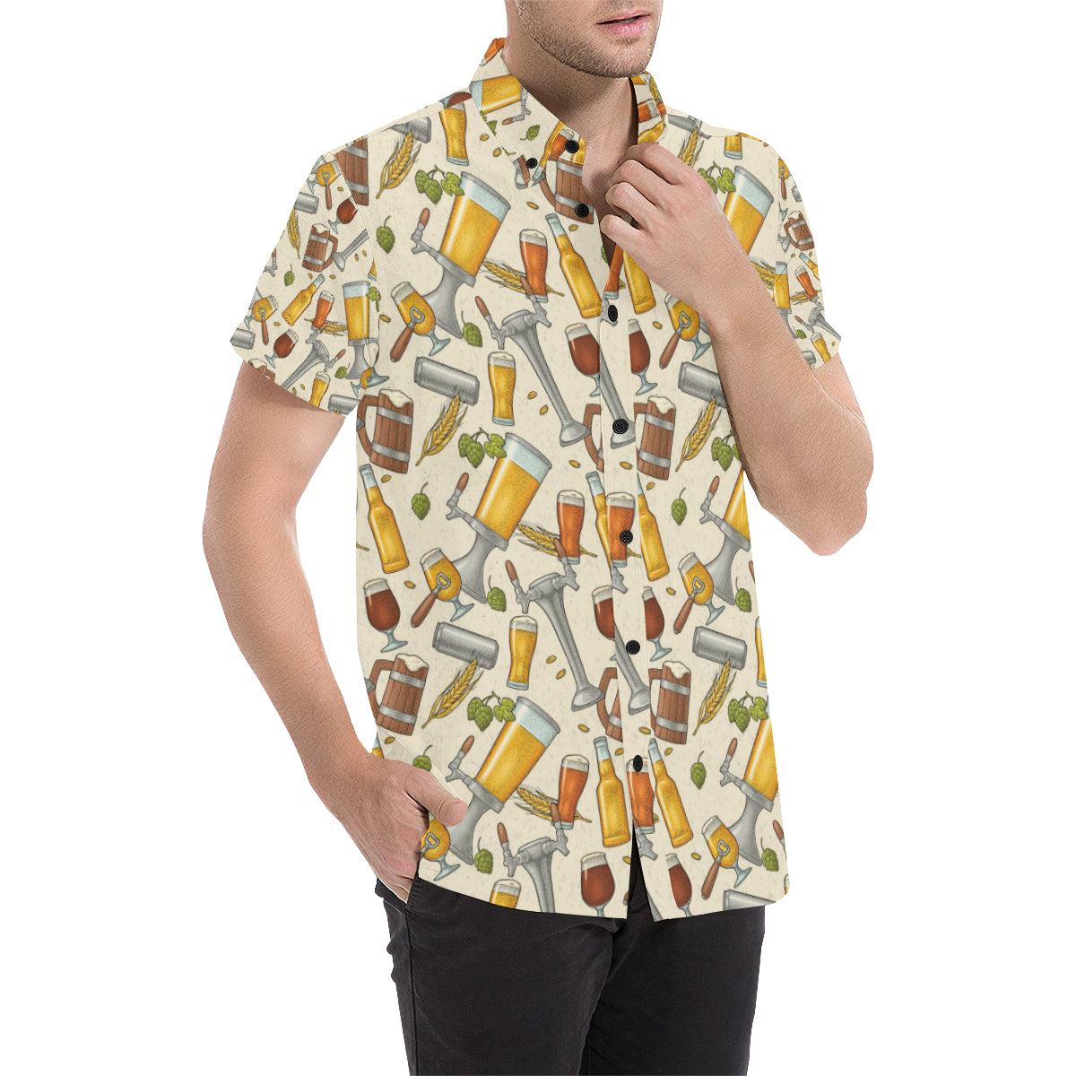 Beer Pattern Print Design 05 Men's Short Sleeve Button Up Shirt