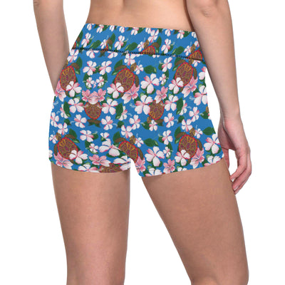 Sea Turtle Pink Hibiscus Hawaiian Print Yoga Shorts