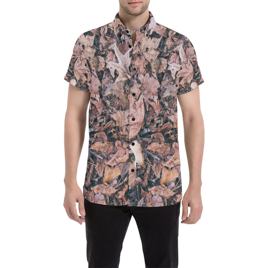 Camouflage Realistic Tree Leaf Print Men's Short Sleeve Button Up Shirt