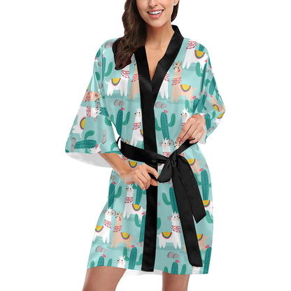 Llama Cactus Pattern Print Design 08 Women's Short Kimono