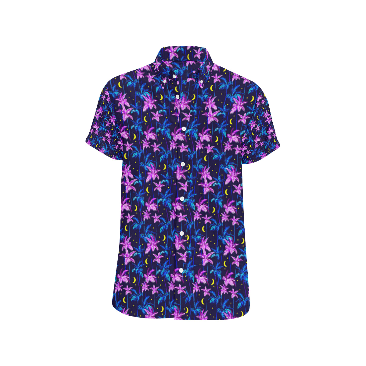 Palm Tree Night Scene Design Print Men's Short Sleeve Button Up Shirt