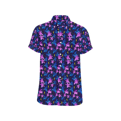 Palm Tree Night Scene Design Print Men's Short Sleeve Button Up Shirt