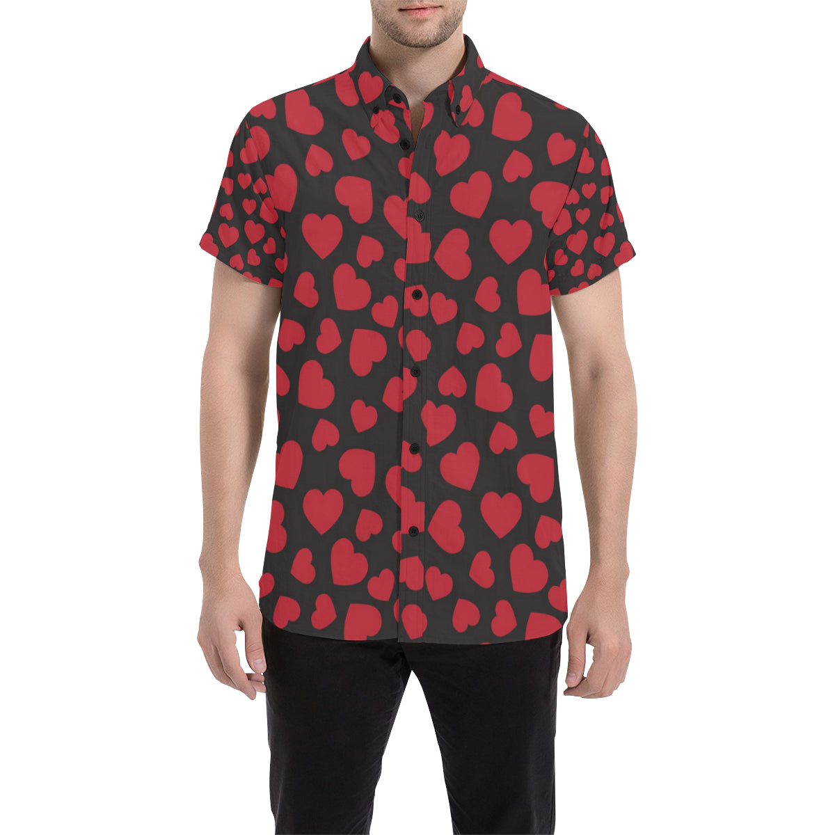 Heart Red Pattern Print Design HE01 Men's Short Sleeve Button Up Shirt