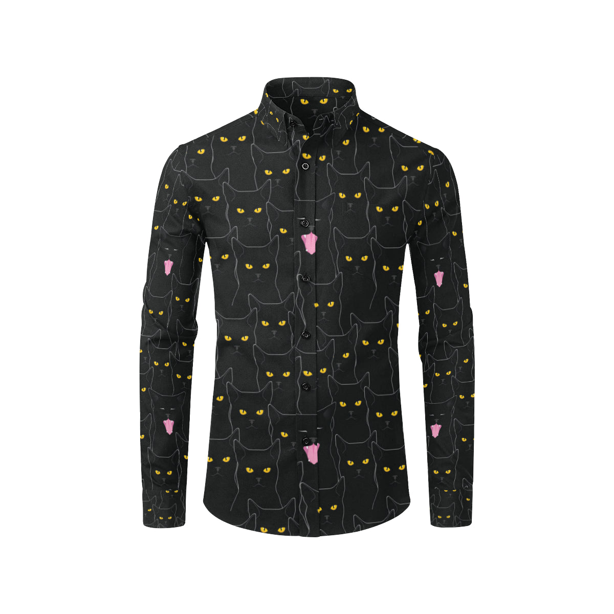 Black Cat Yellow Eyes Print Pattern Men's Long Sleeve Shirt