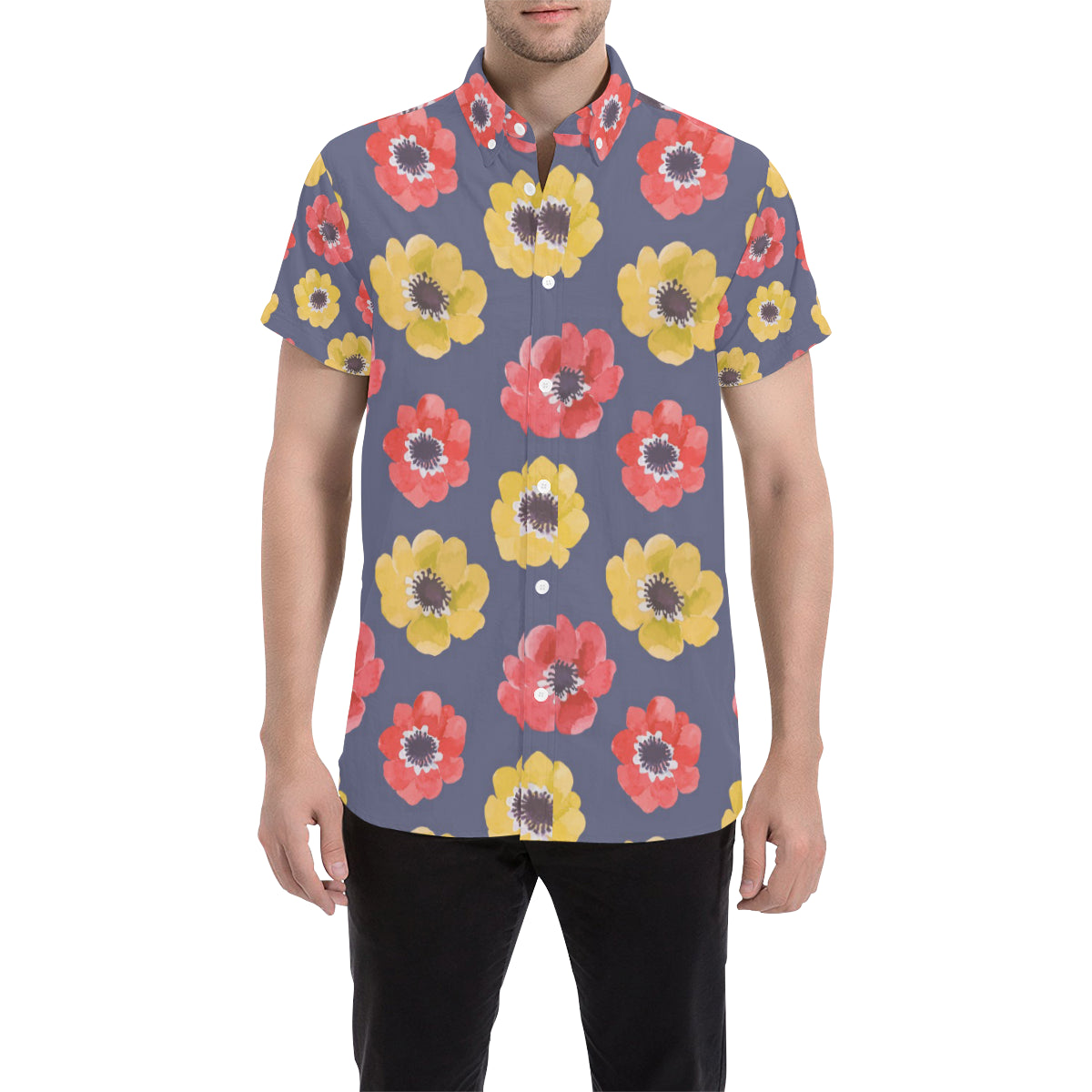 Anemone Pattern Print Design AM010 Men's Short Sleeve Button Up Shirt