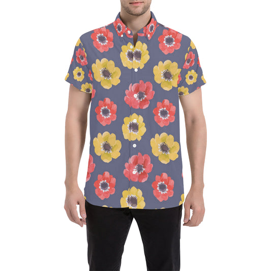 Anemone Pattern Print Design AM010 Men's Short Sleeve Button Up Shirt