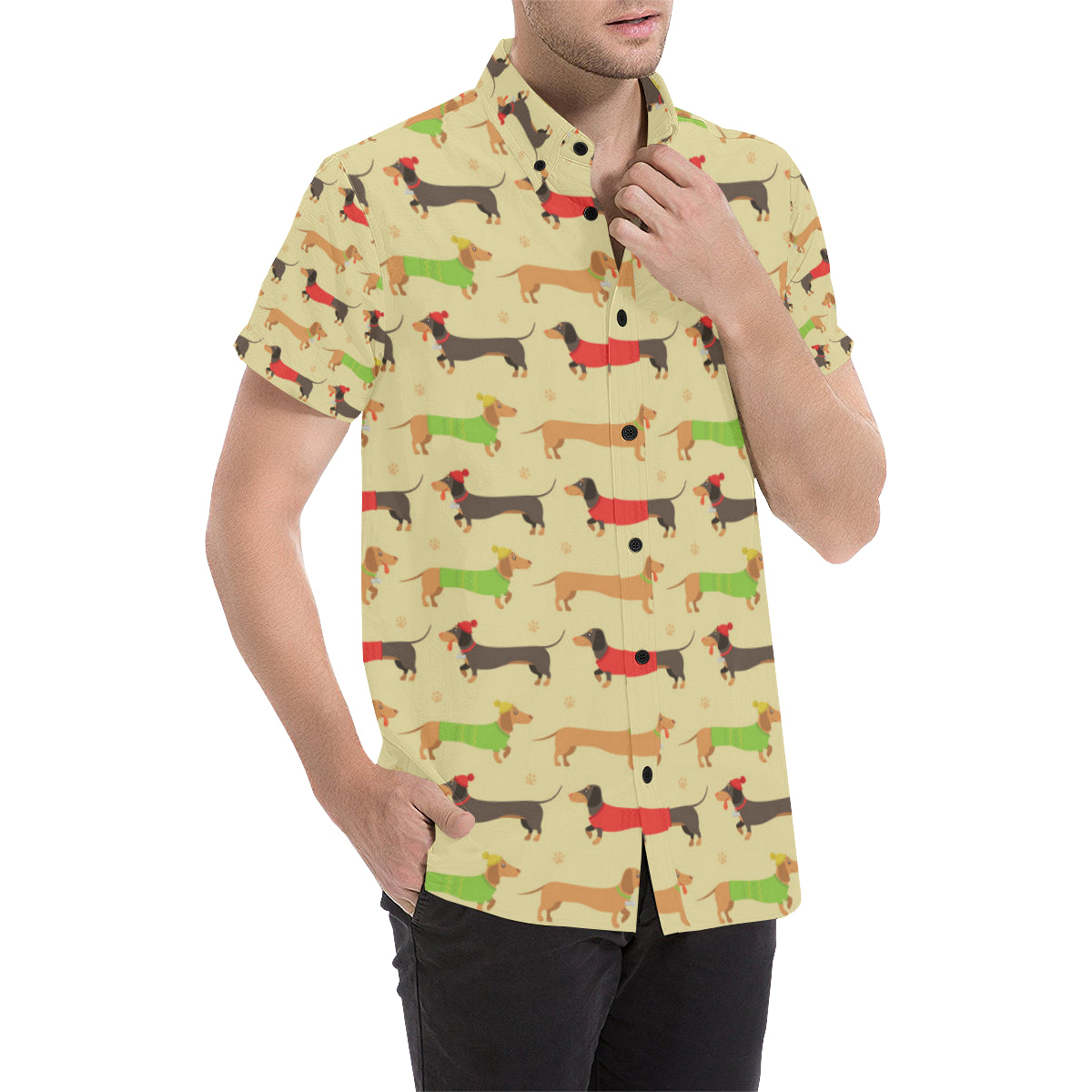 Dachshund Pattern Print Design 06 Men's Short Sleeve Button Up Shirt
