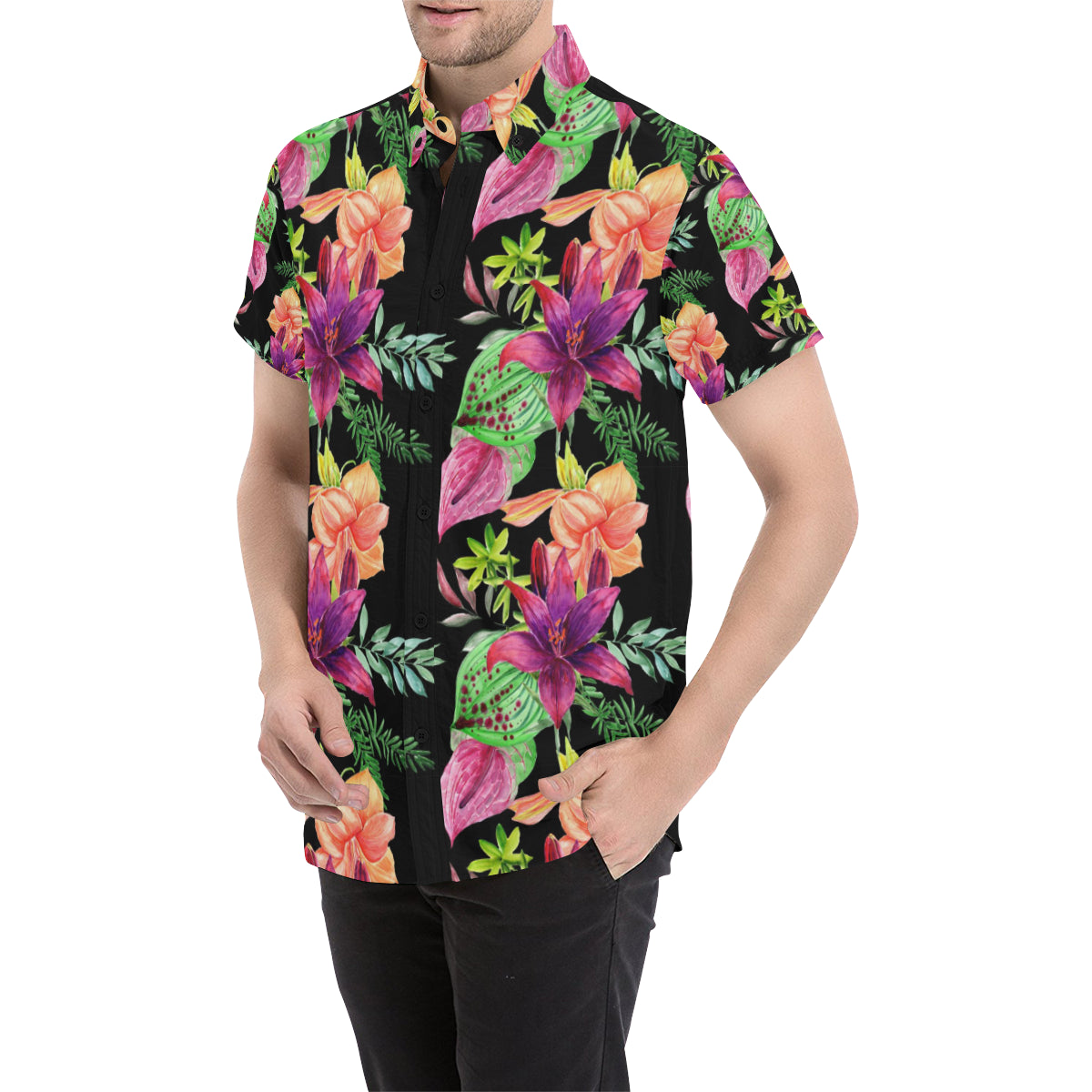 Amaryllis Pattern Print Design AL09 Men's Short Sleeve Button Up Shirt