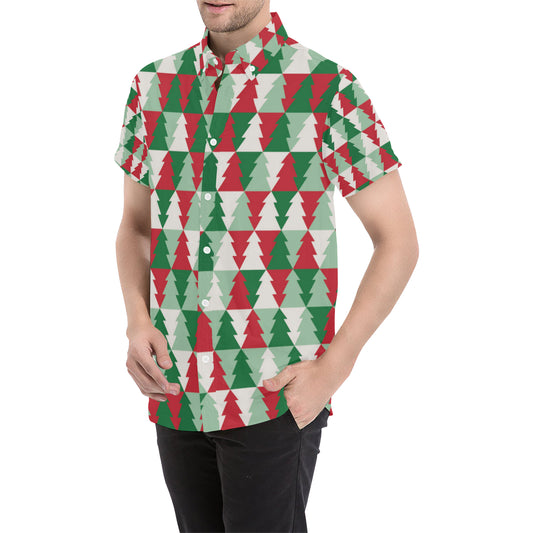 Christmas Tree Pattern Print Design 01 Men's Short Sleeve Button Up Shirt