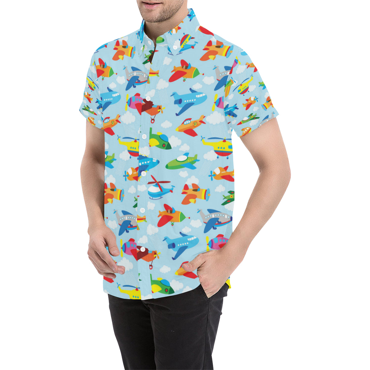 Airplane Colorful Pattern Print Design 01 Men's Short Sleeve Button Up Shirt
