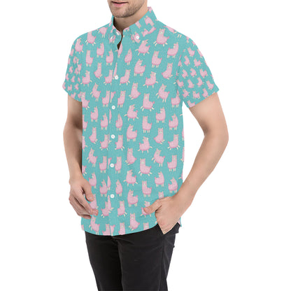 Alpaca Cartoon Design Themed Print Men's Short Sleeve Button Up Shirt