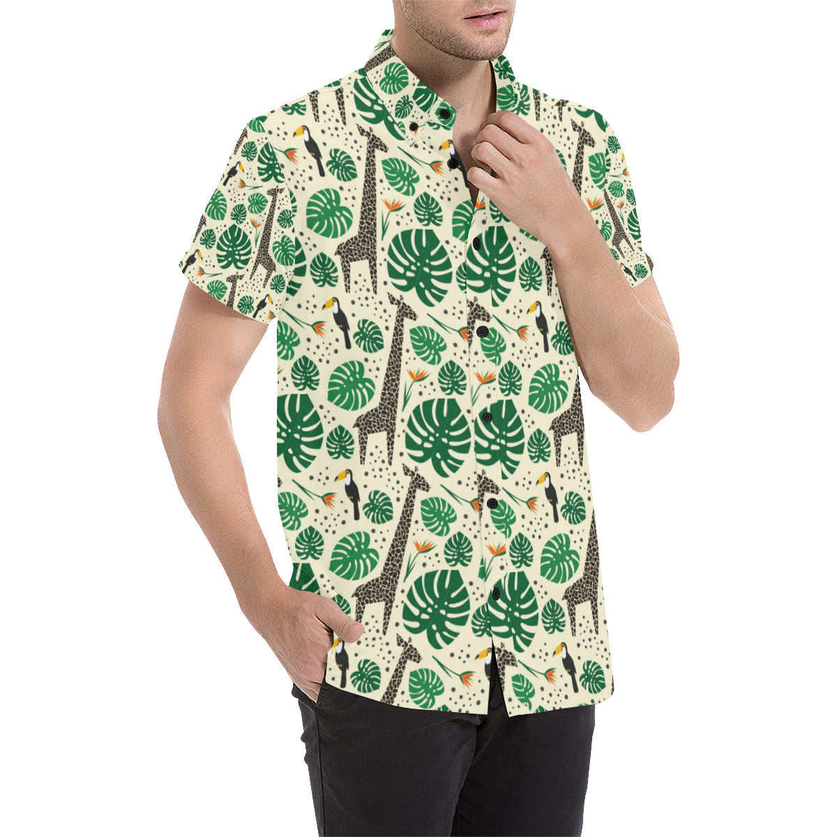 Rainforest Giraffe Pattern Print Design A02 Men's Short Sleeve Button Up Shirt