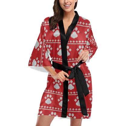 Knit Paw Pattern Print Design 03 Women's Short Kimono