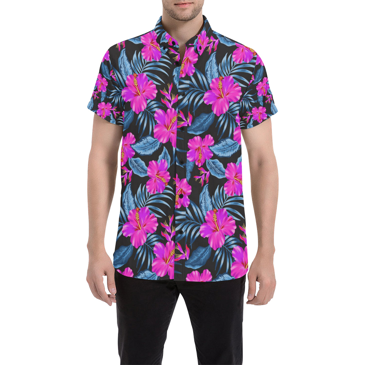 Neon Pink Hibiscus Pattern Print Design HB015 Men's Short Sleeve Button Up Shirt