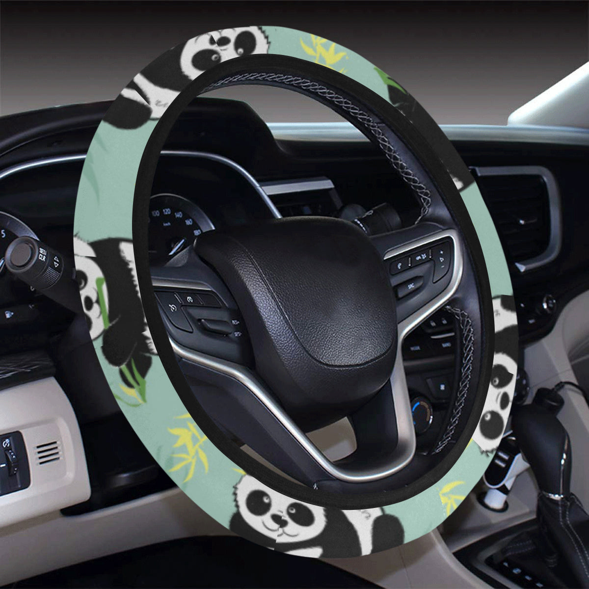 Panda Pattern Print Design A05 Steering Wheel Cover with Elastic Edge