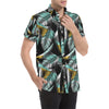 Gold Glitter Cyan Tropical Palm Leaves Men's Short Sleeve Button Up Shirt