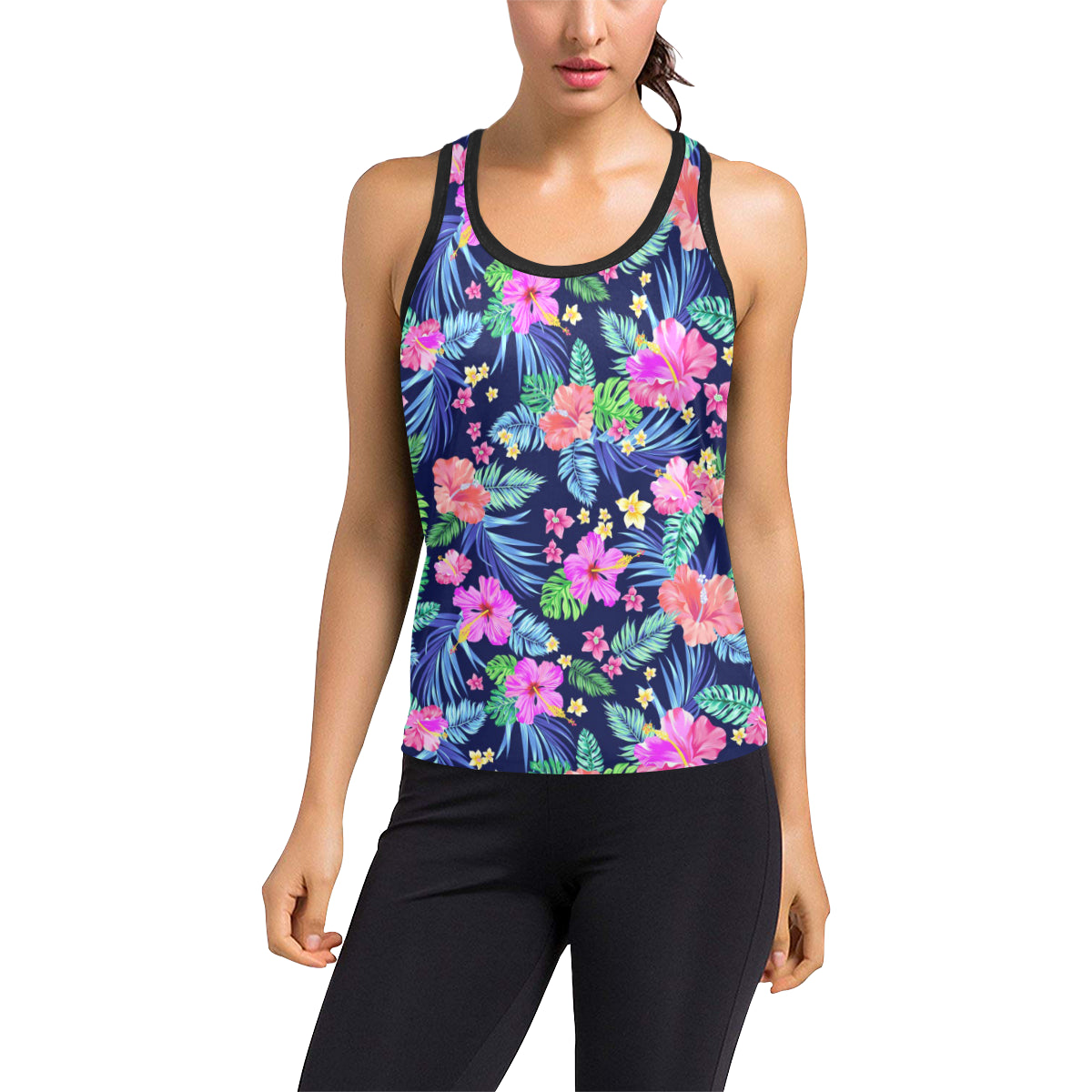 Neon Hibiscus Pattern Print Design HB016 Women's Racerback Tank Top