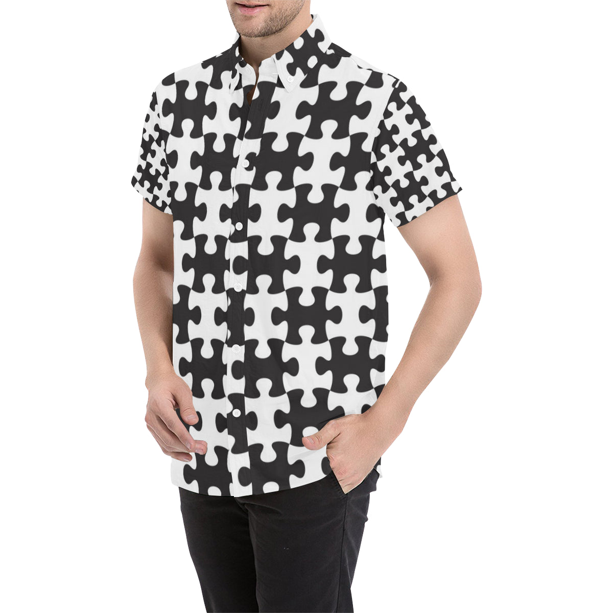 Puzzle Black White Pattern Print Design A02 Men's Short Sleeve Button Up Shirt