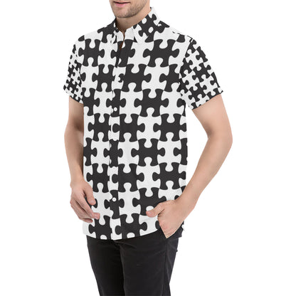 Puzzle Black White Pattern Print Design A02 Men's Short Sleeve Button Up Shirt