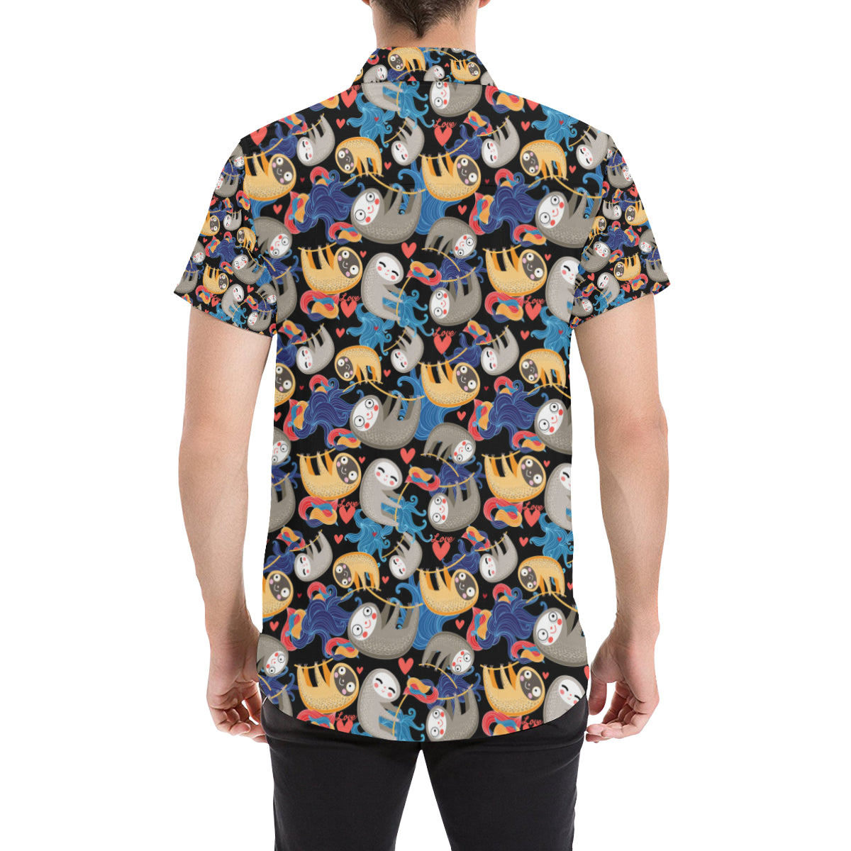 Sloth Cartoon Design Themed Print Men's Short Sleeve Button Up Shirt