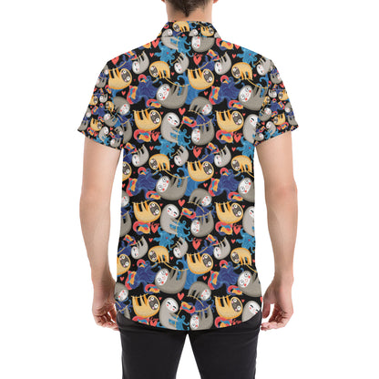 Sloth Cartoon Design Themed Print Men's Short Sleeve Button Up Shirt
