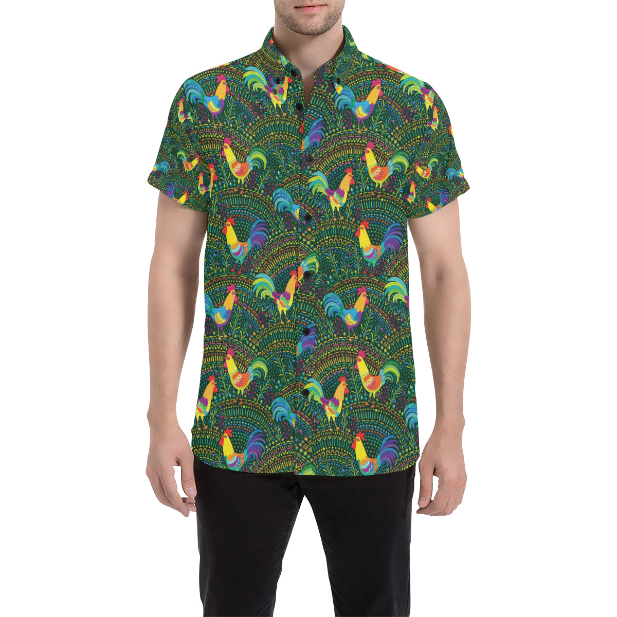 Rooster Pattern Print Design A01 Men's Short Sleeve Button Up Shirt