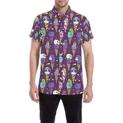 Ice Cream Pattern Print Design IC07 Men's Short Sleeve Button Up Shirt