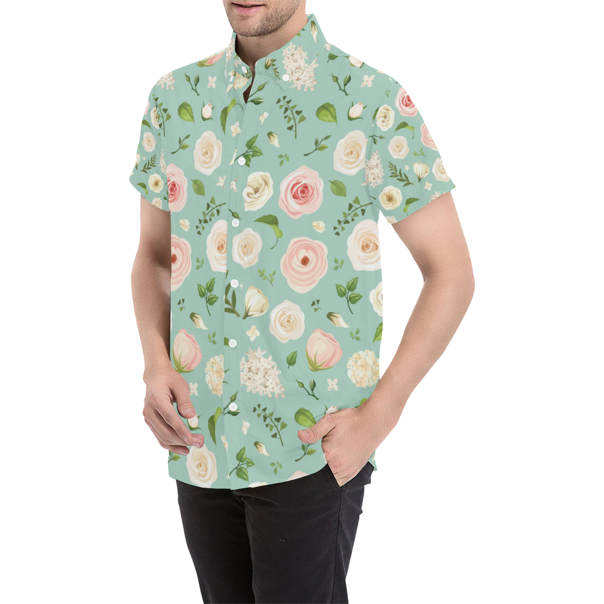 Lisianthus Pattern Print Design 01 Men's Short Sleeve Button Up Shirt