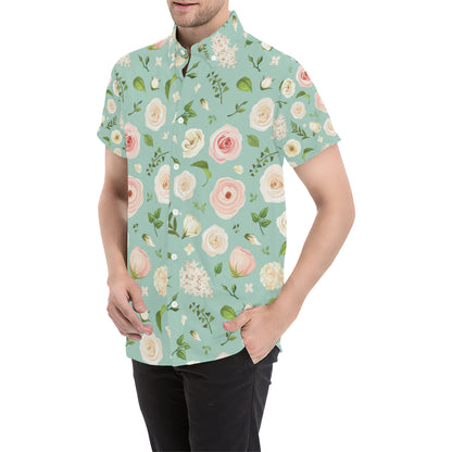 Lisianthus Pattern Print Design 01 Men's Short Sleeve Button Up Shirt
