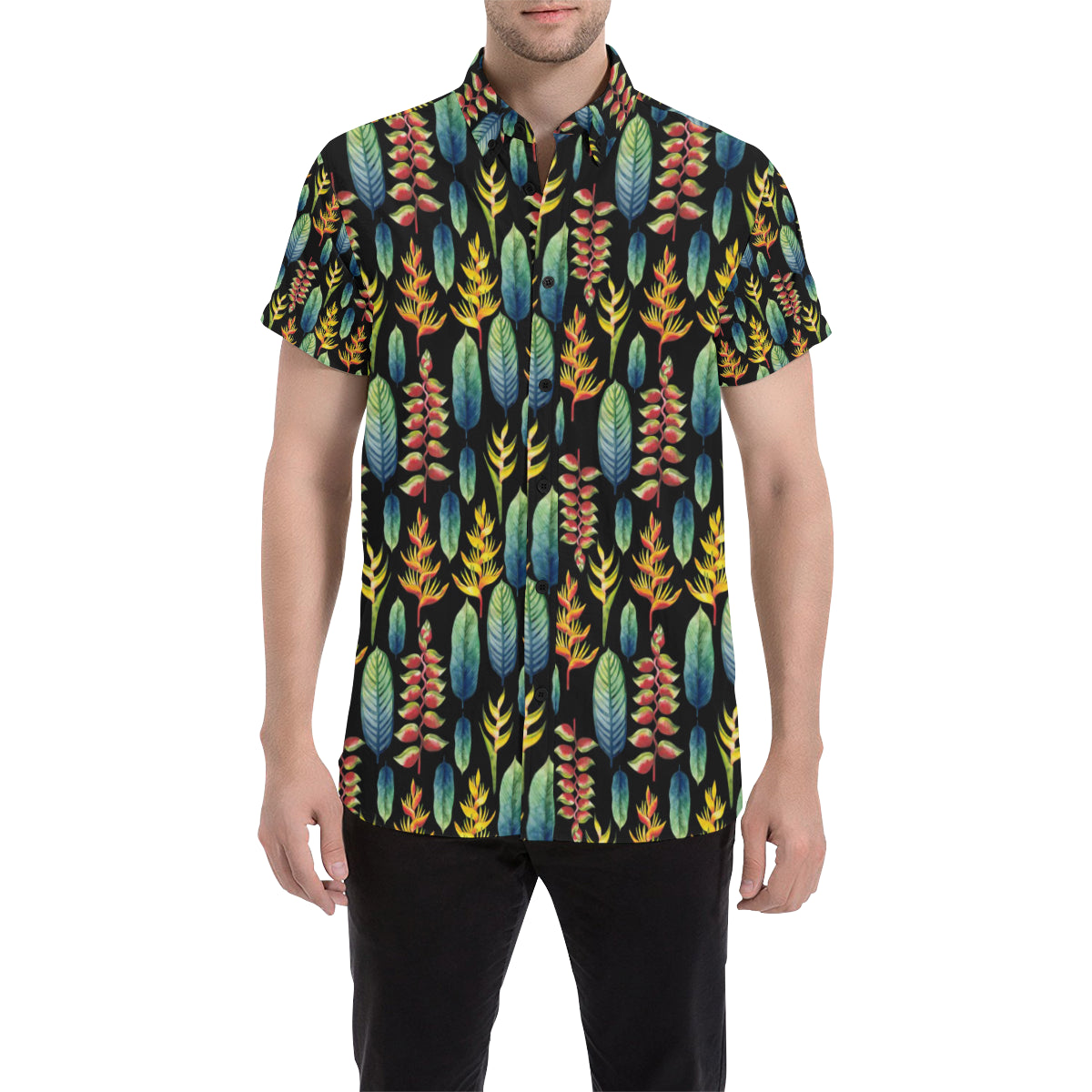Heliconia Pattern Print Design HL03 Men's Short Sleeve Button Up Shirt