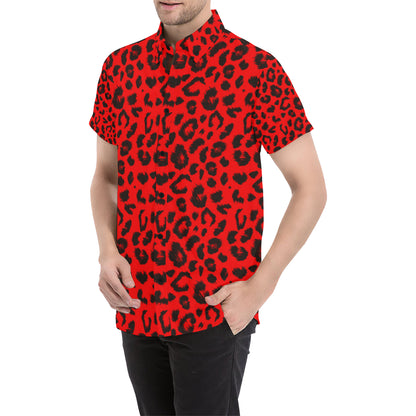 Leopard Red Skin Print Men's Short Sleeve Button Up Shirt