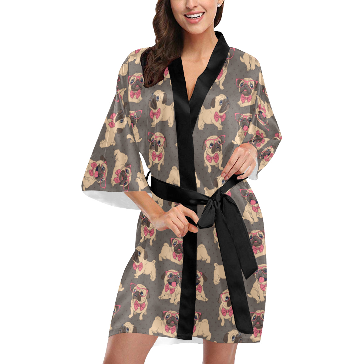 Pug Pattern Print Design A05 Women's Short Kimono