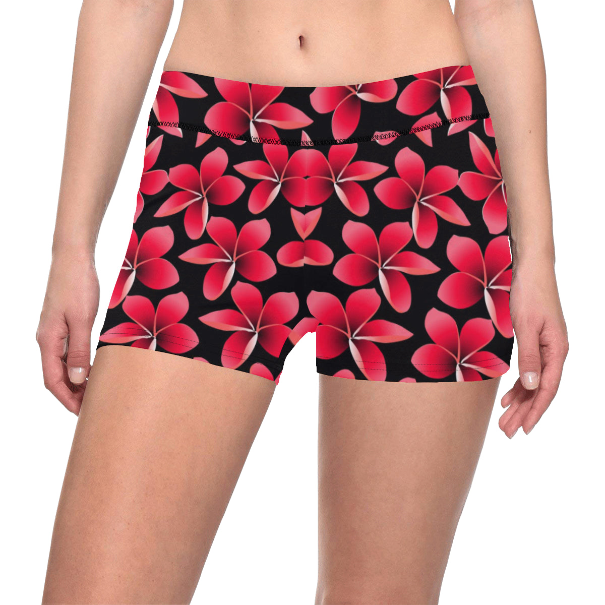 Red Plumeria Pattern Print Design PM025 Yoga Shorts