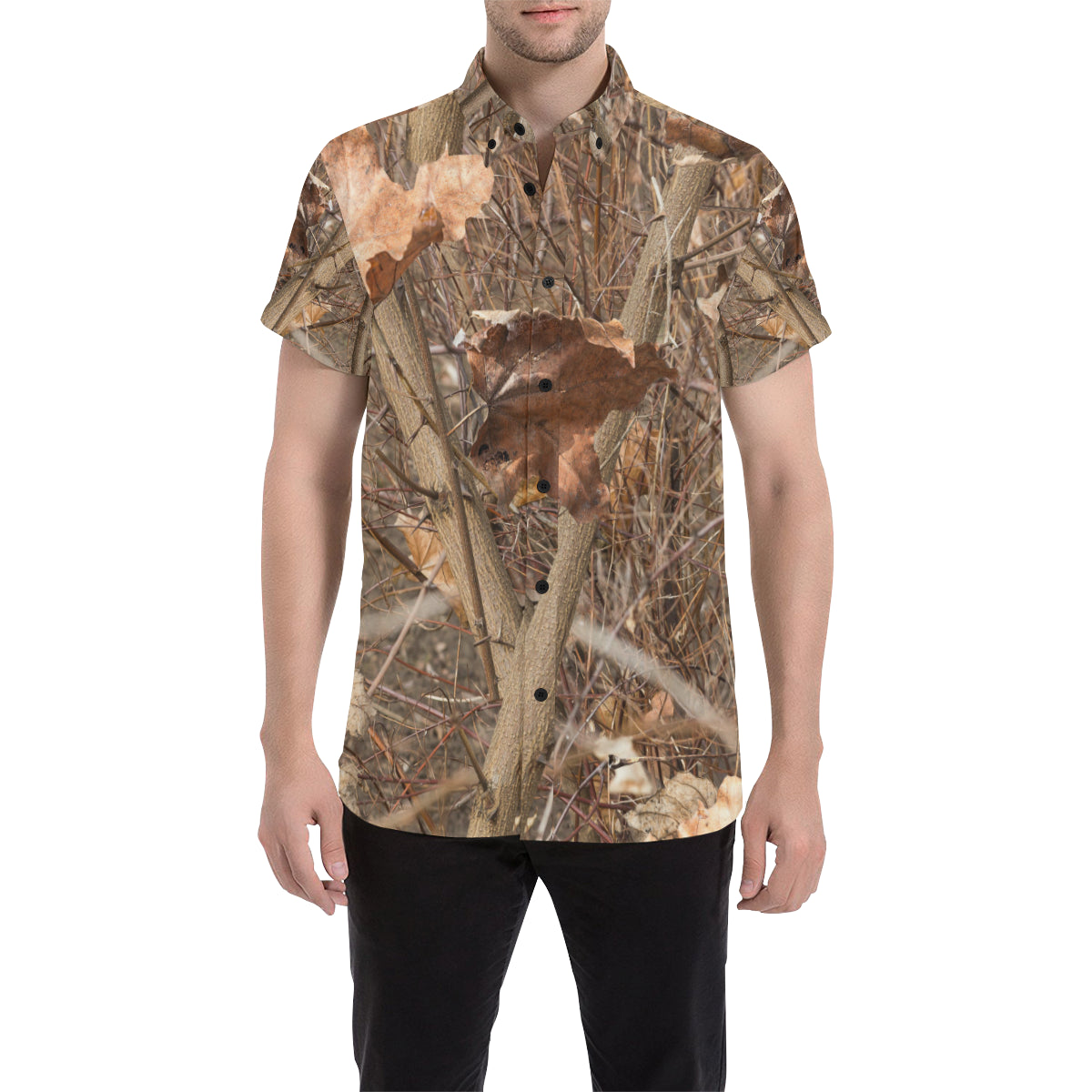 Camo Realistic Tree Forest Autumn Print Men's Short Sleeve Button Up Shirt