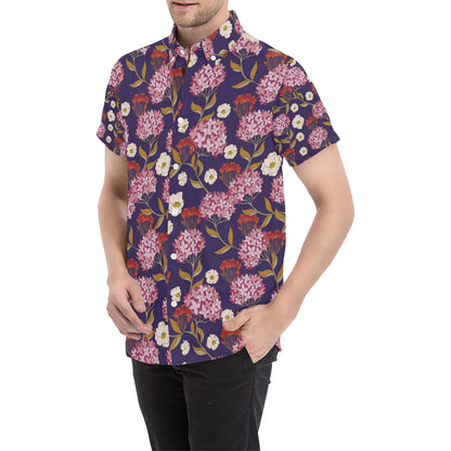 Hydrangea Pattern Print Design HD010 Men's Short Sleeve Button Up Shirt