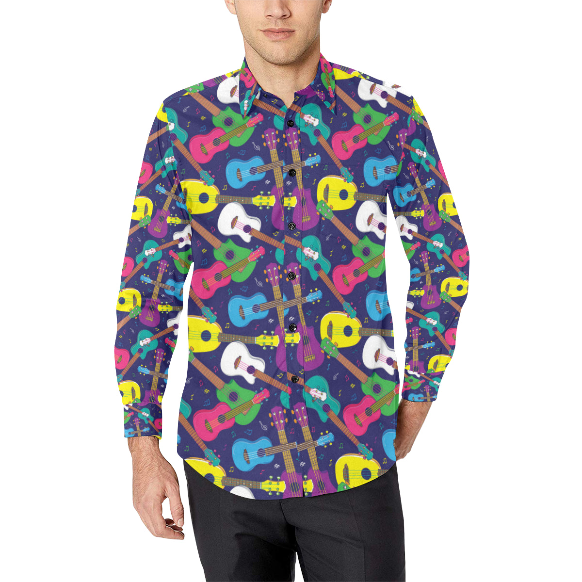 Ukulele Pattern Print Design 02 Men's Long Sleeve Shirt