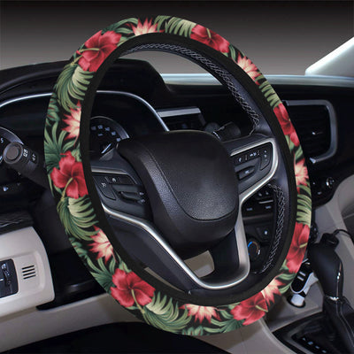 Flower Hawaiian Red Hibiscus Design Print Steering Wheel Cover with Elastic Edge