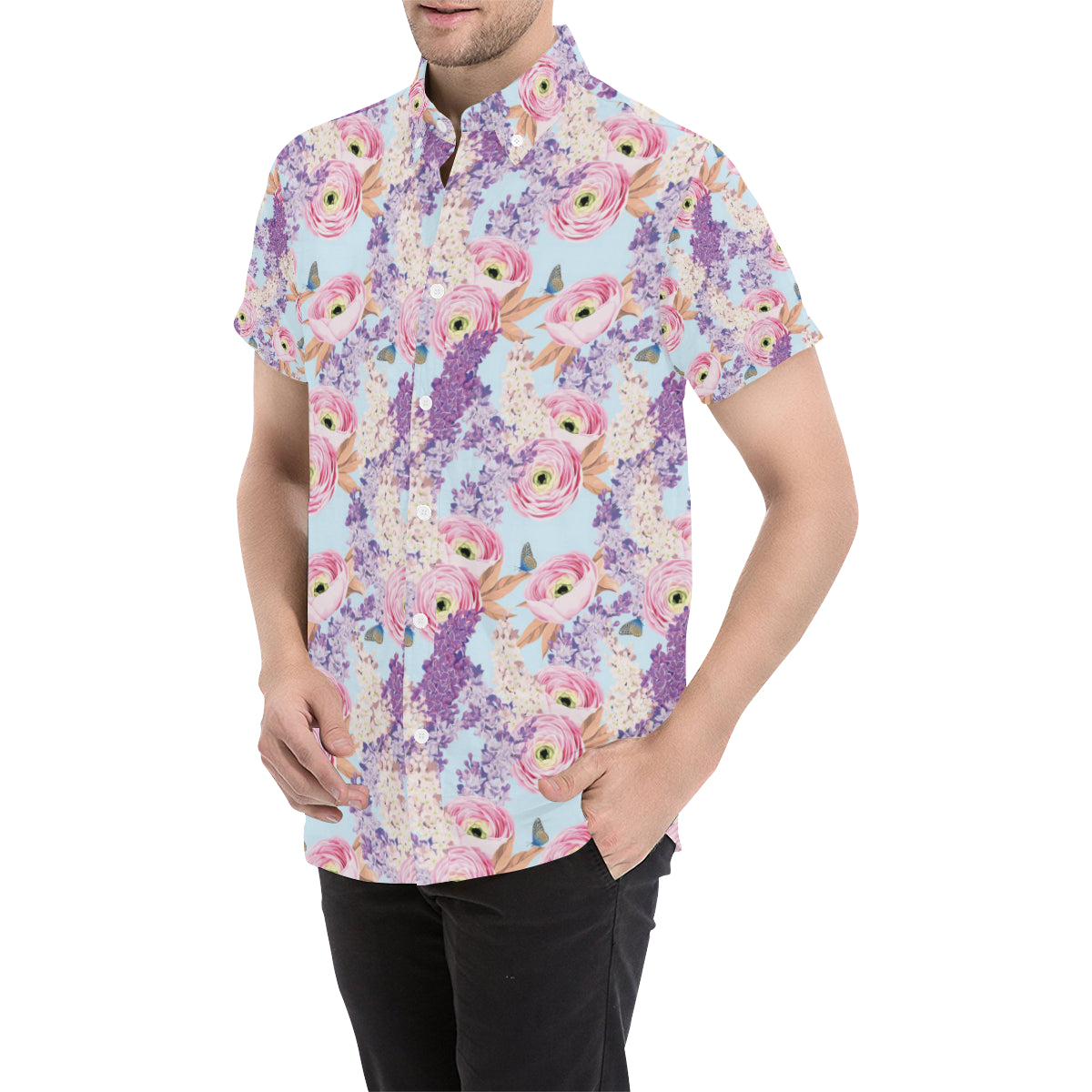 Lilac Pattern Print Design LI03 Men's Short Sleeve Button Up Shirt