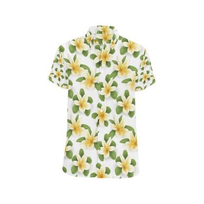 Yellow Plumeria Pattern Print Design PM012 Men's Short Sleeve Button Up Shirt